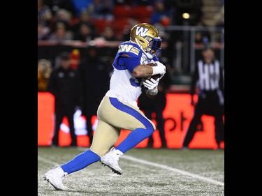 Winnipeg Blue Bombers Andrew Harris runs during the 107th Grey Cup CFL Championship football game in Calgary at McMahon Stadium Sunday, November 24, 2019. Jim Wells/Postmedia