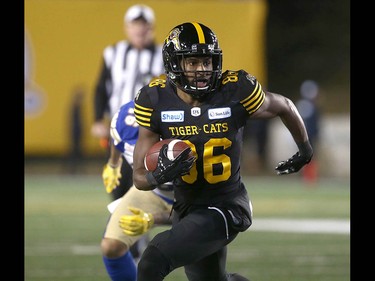 Hamiton Ti Cats Bralon Addison runs after a reception during the 107th Grey Cup CFL Championship football game in Calgary at McMahon Stadium Sunday, November 24, 2019. Jim Wells/Postmedia