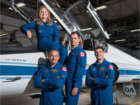 The 2017 Canadian Space Agency astronaut team. Back: Jenni Sidey-Gibbons. Front, left to right: David Saint-Jacques, Joshua Kutryk, Jeremy Hansen. NASA/Bill Stafford ORG XMIT: POS1812031416101247