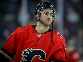 Calgary Flames' T.J. Brodie is seen during the pre-game skate in this February 22, 2019 file photo.