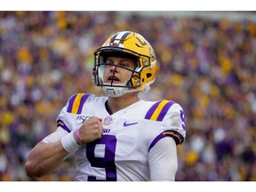 LSU Tigers quarterback Joe Burrow celebrates after running for a touchdown during the fourth quarter against the Auburn Tigers at Tiger Stadium. Photo by Derick E. Hingle/USA TODAY Sports.