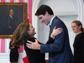 Prime Minister Justin Trudeau congratulates Chrystia Freeland after she was sworn-in as Deputy Prime Minister and Minister of Intergovernmental Affairs during a ceremony at Rideau Hall on November 20, 2019 in Ottawa.