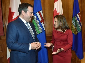 Deputy Prime Minister Chrystia Freeland, the new minister of intergovernmental affairs, meets with Alberta Premier Jason Kenney the Alberta Legislature in Edmonton, November 25, 2019. Ed Kaiser/Postmedia