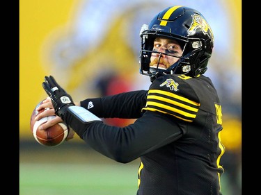 Hamilton Tiger-Cats quarterback Dane Evans tosses the ball during the 107th Grey Cup CFL championship football game in Calgary on Sunday, November 24, 2019. Al Charest/Postmedia