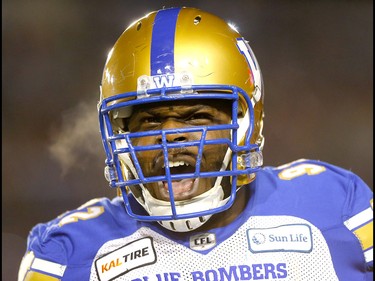 Winnipeg Blue Bombers, Drake Nevis sacks Hamilton Tiger-Cats QB, Dane Evans in first half action at McMahon stadium during the 107th Grey Cup in Calgary on Sunday, November 24, 2019. Darren Makowichuk/Postmedia