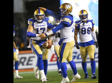 Winnipeg Blue Bombers, Chris Streveler celebrates a TD pass in first half action against the Hamilton Tiger Cats at McMahon stadium during the 107th Grey Cup in Calgary on Sunday, November 24, 2019. Darren Makowichuk/Postmedia