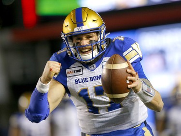 Winnipeg Blue Bombers, Chris Streveler celebrates a TD pass in first half action against the Hamilton Tiger Cats at McMahon stadium during the 107th Grey Cup in Calgary on Sunday, November 24, 2019. Darren Makowichuk/Postmedia