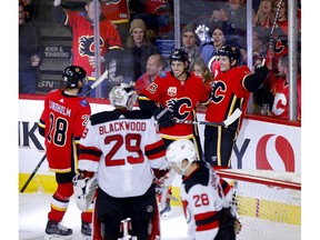 Calgary Flames' Derek Ryan scores on New Jersey Devils goalie Mackenzie Blackwood in second-period action at the Scotiabank Saddledome in Calgary on  Thursday, November 7, 2019. Darren Makowichuk/Postmedia