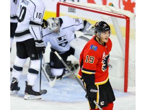 Calgary Flames Matthew Tkachuk celebrates after Mikael Backlund's goal against the Los Angeles Kings during NHL hockey in Calgary on Tuesday October 8, 2019. Al Charest / Postmedia