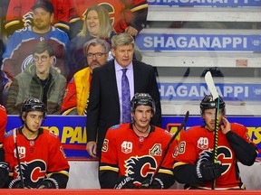 Calgary Flames head coach Bill Peters looks on during another Flames loss on Nov. 19, 2019.