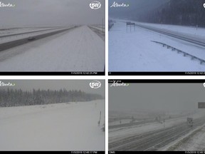 Highways in central and southern Alberta are icy and partly snow-covered.