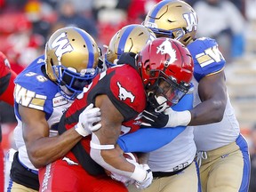 Calgary Stampeders, Don Jackson is stopped by the Winnipeg Blue Bombers during the CFL semi-finals in Calgary on Sunday, November 10, 2019. Darren Makowichuk/Postmedia