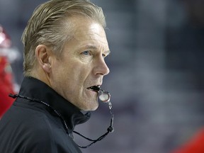 Calgary Flames interim head coach Geoff Ward leads his team through a drill at the Saddledome on Friday, Nov. 29, 2019.