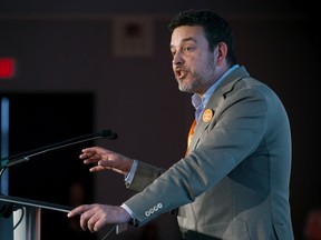 Gil McGowan, Alberta Federation of Labour president, takes part in the NDP convention, in Edmonton on Sunday, Oct. 28, 2018.