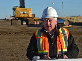 Ian Anderson, president and CEO of Trans Mountain Corp., speaks at the Trans Mountain Expansion Project where pipe is on the ground and could be in the ground before Christmas.