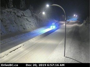 The highway camera at Coquihalla Lakes shows the conditions Friday morning on Highway 5, 61 kilometres south of Merritt, looking north.