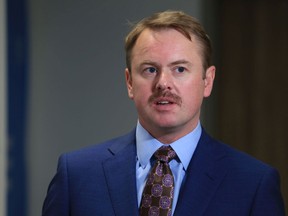 Alberta Health Minister Tyler Shandro speaks during an update on the government's infrastructure plans on Wednesday, November 13, 2019. The update took place in a mock up of the inside of the new Calgary Cancer Centre that is being used to test out the interior design. Gavin Young/Postmedia