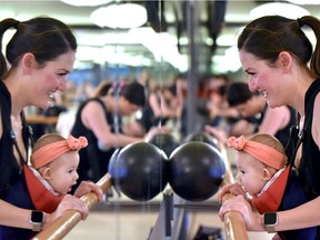 Steph Donaghy and her seven-month-old daughter Scottie participate in Mommy and Me fitness class at Barre Body Studio in Calgary.