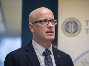 Alberta Teachers' Association president Jason Schilling speaks on Alberta's performance on the Programme for International Student Assessment test on Dec. 3, 2019.