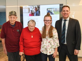 Retired farmers George and Marge Steckler (left) have gifted 320 acres of farmland to Old College to expand their smart farm program. Here they are pictured with Shayelyn Scott, Olds College Agriculture Management Diploma Student and recipient of the inaugural George and Margery Steckler Fall Award, and Stuart Callum (right), President, Olds College.