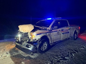 Killam RCMP say a suspect used a dark-coloured truck to ram a police truck and evade capture near Galahad in east-central Alberta in the early morning of Sunday, Dec. 29, 2019. (Supplied photo, RCMP)