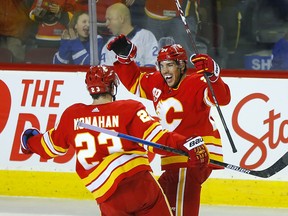 Calgary Flames defenceman Travis Hamonic scores against the Toronto Maple Leafs in the first period at the Scotiabank Saddledome on Thursday, Dec, 12, 2019.