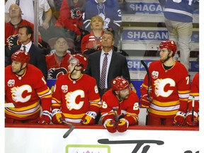 Calgary Flames interim head coach Geoff Ward wins his 7th-straight game, this one against the Toronto Maple Leafs at the Scotiabank Saddledome in Calgary on Thursday, Dec. 12. Photo by Darren Makowichuk/Postmedia.