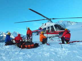 A rescue crew prepares to search for three missing mountaineers who were caught in an avalanche on Howse Peak on April 16, 2019. The bodies of David Lama, Jess Roskelley and Hansjorg Auer were found on April 21.