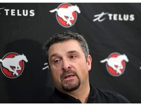 The Calgary StampedersÕ new offensive coordinator and offensive line coach Pat DelMonaco speaks with media after the announcement of his promotion on Thursday December 12, 2019.  Gavin Young/Postmedia