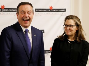 Alberta Premier Jason Kenney and Deputy Prime Minister Chrystia Freeland at the Canadian Club in Ottawa on Monday, Dec. 9, 2019.