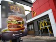 A sign promoting McDonald's "PLT" burger with a Beyond Meat plant-based patty in a London, Ont., test location.