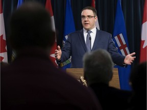 Government house leader Jason Nixon discuses the fall legislative session during a press conference at the Alberta Legislature media room, in Edmonton Thursday Dec. 5, 2019.