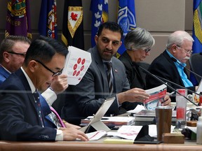Calgary city councillors sift through budget information at a recent council meeting. Council has decided to redistribute about $60 million of the tax burden onto homeowners in 2020.
