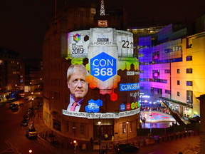 The outside of the BBC building in London displays exit poll results showing Prime Minister Boris Johnson's Conservative Party projected to win the election with 368 seats, as the ballots begin to be counted on Dec. 12, 2019.Jeff Overs/BBC/AFP via