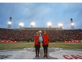 The Grey Cup arrives before the 107th Grey Cup in Calgary at McMahon Stadium on Sunday, Nov. 24. Photo by Jim Wells/Postmedia.