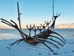 The steel Sun Voyager sculpture on the waterfront in Reykjavik, Iceland. Created by Icelandic sculptor Jon Gunnar Arnason as a dream boat, it is an ode to the sun.