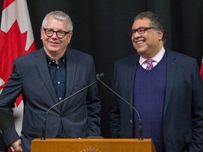 Adam Vaughan, Parliamentary Secretary to the Minister of Families, Children and Social Development, left and Calgary Mayor Naheed Nenshi make a joint announcement of $48 million in new federal funding for affordable housing in Calgary on Wednesday, January 15, 2020. The city is selling land it owns in Saddleridge, Highland Park, Banff Trail, Capitol Hill and Seton to affordable housing non-profits