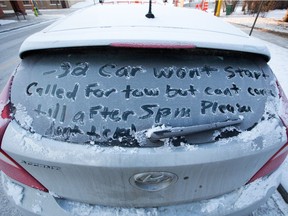 A car owner in Inglewood left a plea for leniency after his car wouldn't start in a Park Plus zone on another frigid morning in Calgary, Wednesday, Jan. 15, 2020.