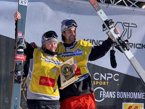 Calgarian Mark Hendrickson (right) won his first gold medal at the ski slopestyle World Cup Saturday in Font Romeu, France. Tess Ledeux (left) from France won her third gold in Font Romeu on the women's side of the tournament. Supplied image/ Gabriel Leclerc Facebook  ORG XMIT: IBqkshAunz6-mNyaU--E