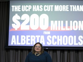 Sarah Hoffman, NDP Official Opposition Critic for Education, comments on the massive cumulative budget shortfall of Alberta's school districts on Monday, Jan. 13, 2020, in Edmonton. (Greg Southam-Postmedia) ORG XMIT: QRFdSHKjCTvGhSHk7B1O
