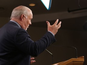 Premier John Horgan holds his first press conference of the year as he comments on various questions from the media in the Press Gallery at B.C. Legislature in Victoria, B.C., on Monday, January 13, 2020.