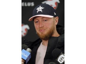 Calgary Stampeders Quarterback Bo Levi Mitchell speaks to media after the team lost the West Division Semi-Final game against the Winnipeg Blue BombersMonday, November 11, 2019. Dean Pilling/Postmedia