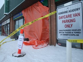 A car crashed into the front door of the Sunshine Academy Day Care, 4206 66 St., in Edmonton, Alta., on Thursday, Jan. 16, 2020.