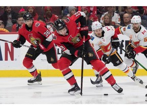 Jan 18, 2020; Ottawa, Ontario, CAN; Ottawa Senators right wing Drake Batherson (19) skates with the puck  in the second period against the Calgary Flames at the Canadian Tire Centre. Mandatory Credit: Marc DesRosiers-USA TODAY Sports ORG XMIT: USATSI-405739