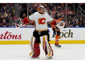 The Calgary Flames' goalie David Rittich (33) celebrates after stopping the Edmonton Oilers' Leon Draisaitl (29) during the shootout at Rogers Place, in Edmonton Wednesday Jan. 29, 2020. Photo by David Bloom