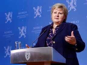 Prime Minister and leader of Norwegian Conservative Party (Hoyre), Erna Solberg speaks during a news conference in Oslo, Norway January 20, 2020