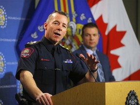 Calgary police Chief Constable Mark Neufeld, and Homicide Unit Staff Sgt. Martin Schiavetta, speak to the media about the ongoing violence and homicide investigations in Calgary on Monday, January 6, 2020. Darren Makowichuk/Postmedia