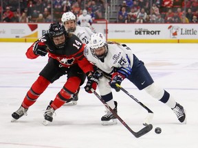 Renata Fast #14 of Canada battles for the puck with Kendall Coyne Schofield #26 of the United States during the first period at Little Caesars Arena on February 17, 2019 in Detroit, Michigan.