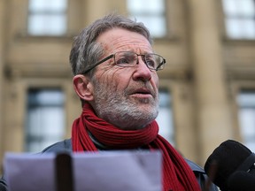 Former MLA David Swann calls for a property tax strike to pressure the Alberta government to hold oil and gas companies accountable for not paying rural property taxes. Swann was speaking outside the McDougall Centre in Calgary on Wednesday, Jan. 22, 2020.