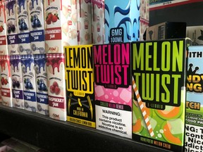 Flavoured vaping products are seen in a store in Los Angeles, Calif., Sept. 17, 2019. Health advocates are asking the Alberta government to ban flavours for youth vapers.